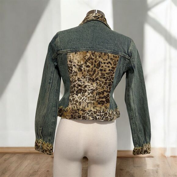 Newport News Vintage 90s Patchwork Denim Jean Jacket Coat Leopard Small 4 - Picture 3 of 6